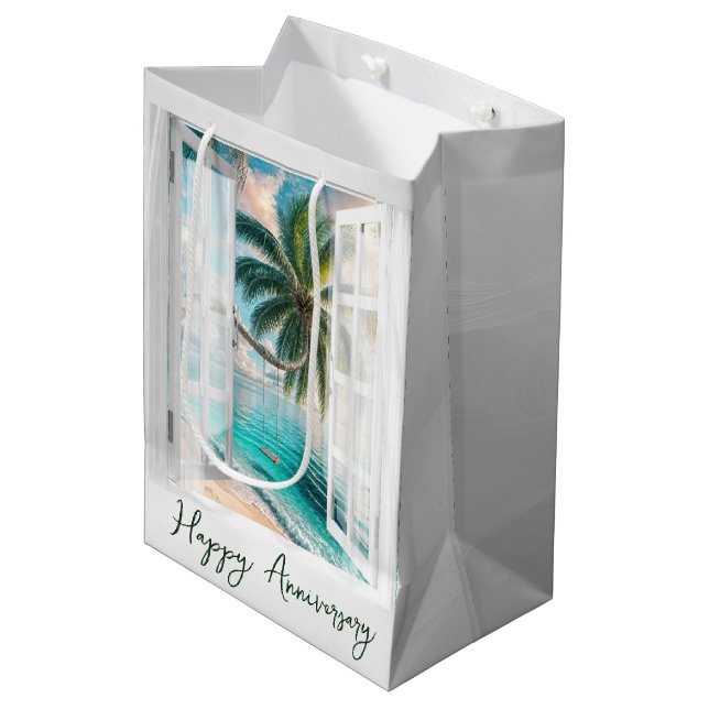 Sac Cadeau Moyen Palmier coudre dans la fenêtre pour Anniversaire (Devant Angle)