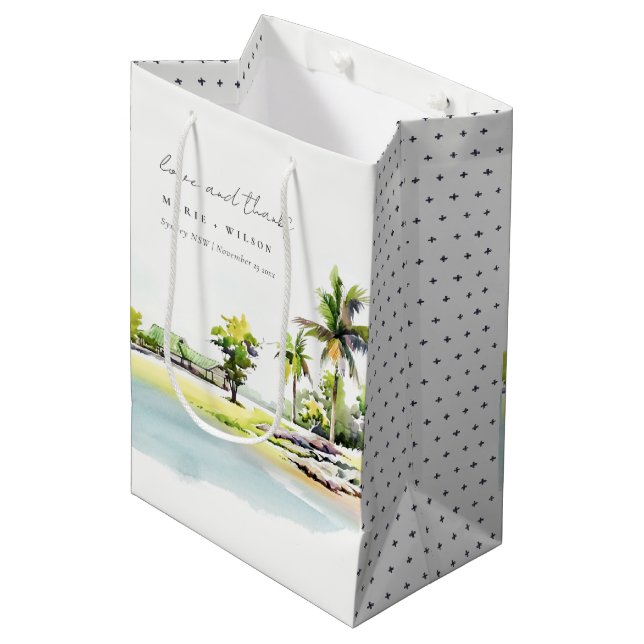 Sac Cadeau Moyen Palmiers côtiers tropicaux Mariage d'aquarelle (Devant Angle)