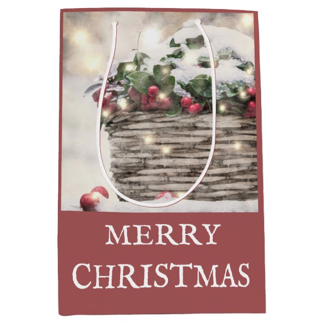 Sac Cadeau Moyen Panier de Noël Rustique Joyeux Holly Berry (Devant)