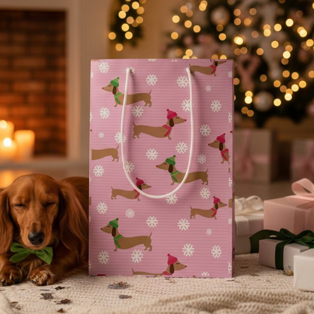 Sac Cadeau Moyen Papier d'enveloppement de Noël Dachshund Flammes d (Dachshund Christmas gift with snowflakes pink and winter theme)