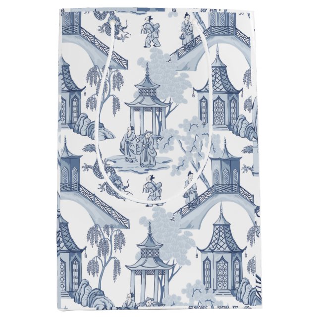Sac Cadeau Moyen Papier Motif chinois bleu et blanc (Devant)