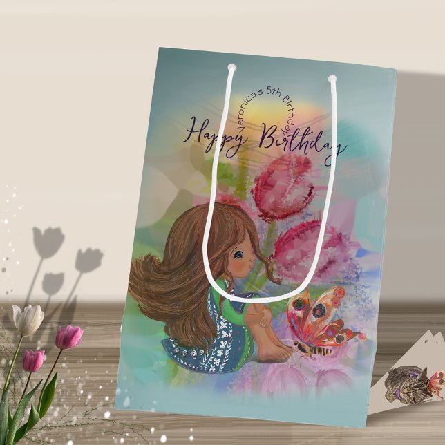 Sac Cadeau Moyen papillon fille de 5e anniversaire (5th birthday girl butterfly medium gift bag)