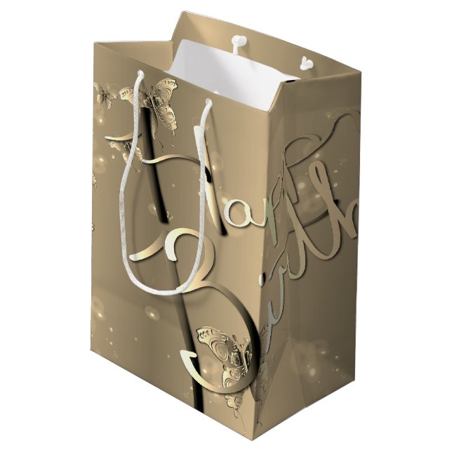 Sac Cadeau Moyen Papillons 3D Bronzy "Joyeux Anniversaire" (Dos Angle)