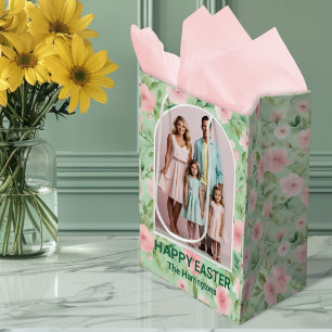 Sac Cadeau Moyen Pâques Photo personnalisée Pastel Rose & Flore ver