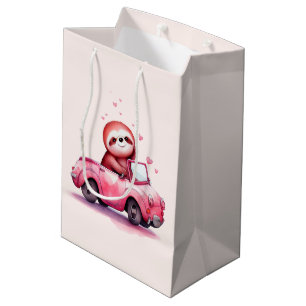 Sac Cadeau Moyen Paresseux mignon conduisant une décapotable rose