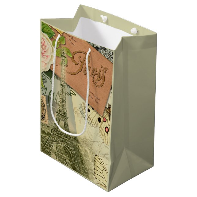 Sac Cadeau Moyen Paris France Art Antique Collage Eiffel Français (Devant Angle)