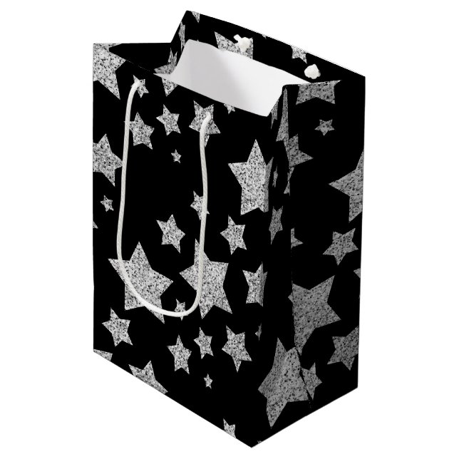 Sac Cadeau Moyen Parties scintillant argent scintille Étoiles motif (Devant Angle)