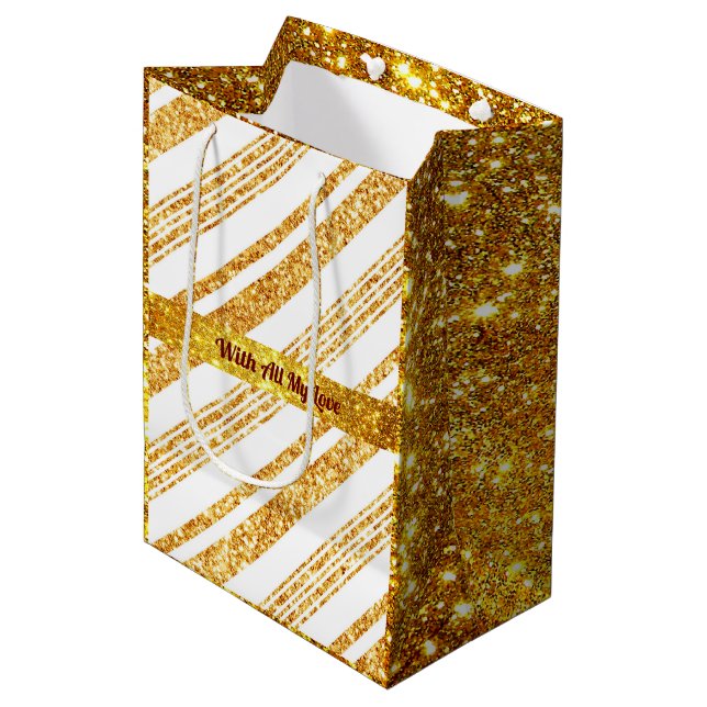 Sac Cadeau Moyen Parties scintillant blanche or Boho Collection de  (Devant Angle)