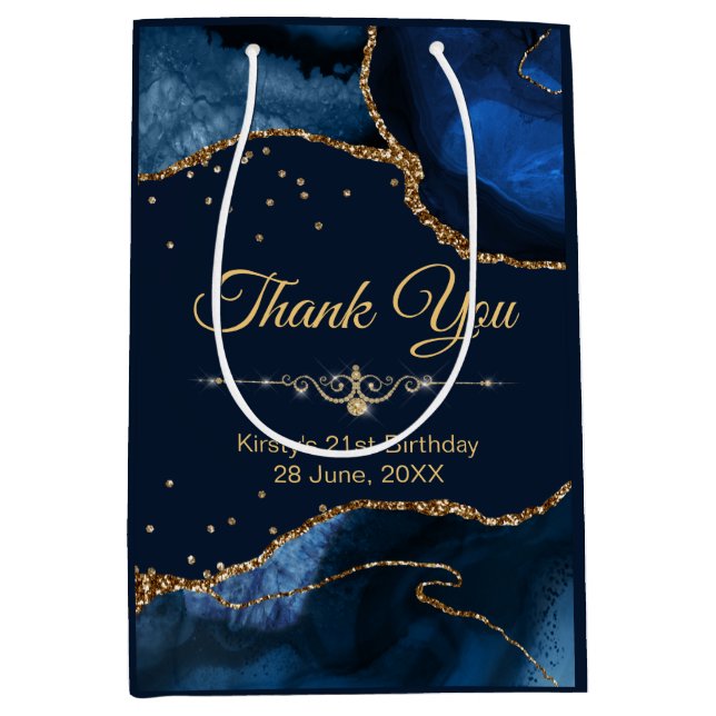 Sac Cadeau Moyen Parties scintillant bleue et or Agate Anniversaire (Devant)