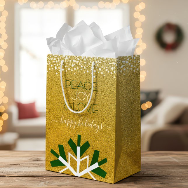 Sac Cadeau Moyen Parties scintillant d'or Snowflake Paix Joie Amour (Créateur téléchargé)