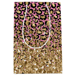 Sac Cadeau Moyen Parties scintillant Léopard d'or rose