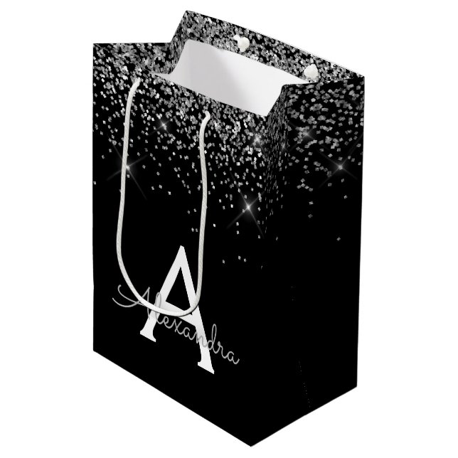 Sac Cadeau Moyen Parties scintillant noire en argent et monogramme  (Devant Angle)