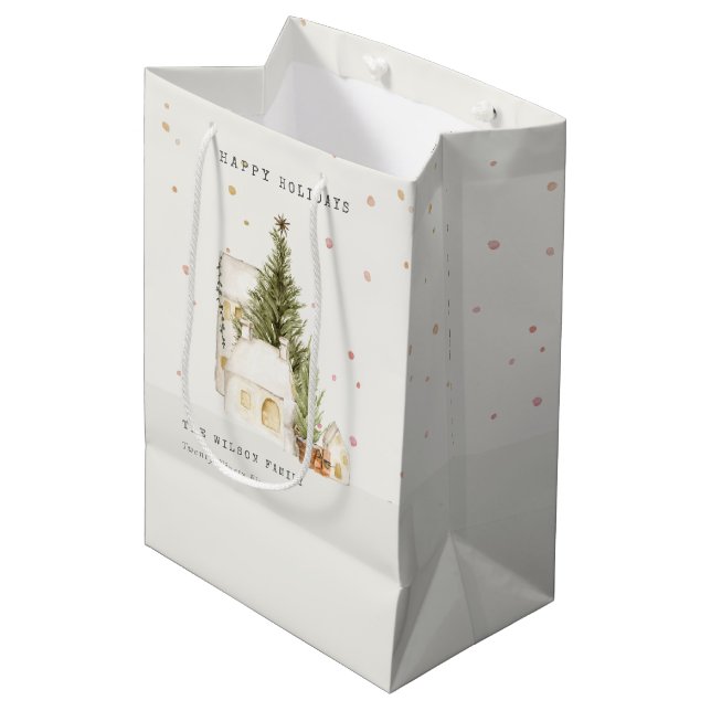 Sac Cadeau Moyen Pastel White Snow Tree Maisons Joyeuses Fêtes (Devant Angle)