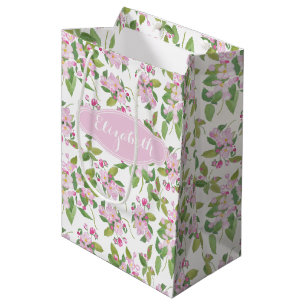 Sac Cadeau Moyen Patte florale rose pomme sur blanc