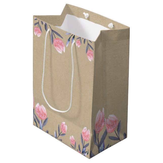Sac Cadeau Moyen Peach Spring Watercolor Tulips Fête des mariées Pa (Devant Angle)