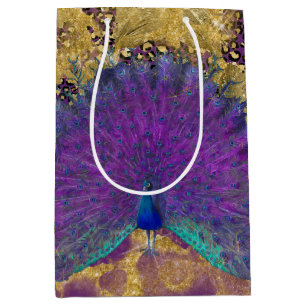 Sac Cadeau Moyen Peacock Vintage Leopard Purple et Gold Decoupage