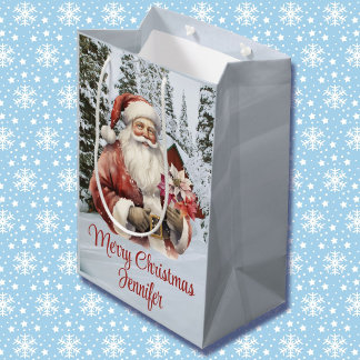 Sac Cadeau Moyen Père Noël Ajouter un nom Neige hiver Scène de Noël