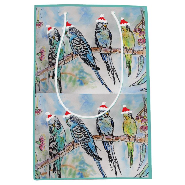 Sac Cadeau Moyen Père Noël Budgie Noël aquarelle peinture oiseau (Devant)