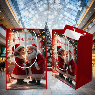 Sac Cadeau Moyen Père Noël et Mme Claus célèbrent Noël, amusant 