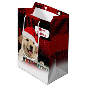 Sac Cadeau Moyen Père Noël Golden Retriever On Plaid