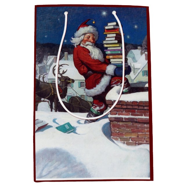 Sac Cadeau Moyen Père Noël Livres à Noël, (Devant)