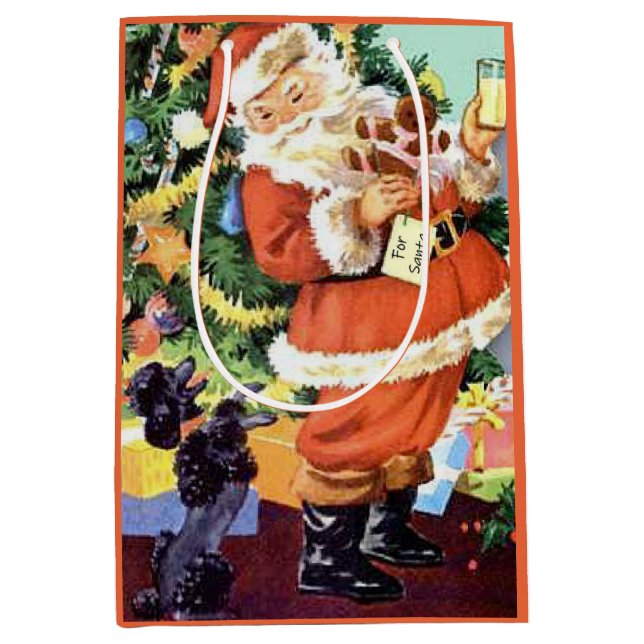 Sac Cadeau Moyen Père Noël rétro, biscuits et lait, et caniche dans (Devant)