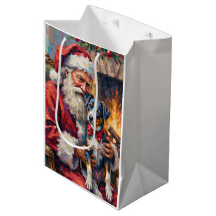 Sac Cadeau Moyen Père Noël tenant l'art de Noël de Blue Heeler