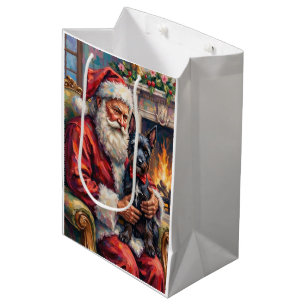Sac Cadeau Moyen Père Noël tenant un terrier écossais - Art de Noël
