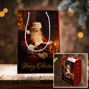 Sac Cadeau Moyen Père Noël vintage Lecture d'un livre