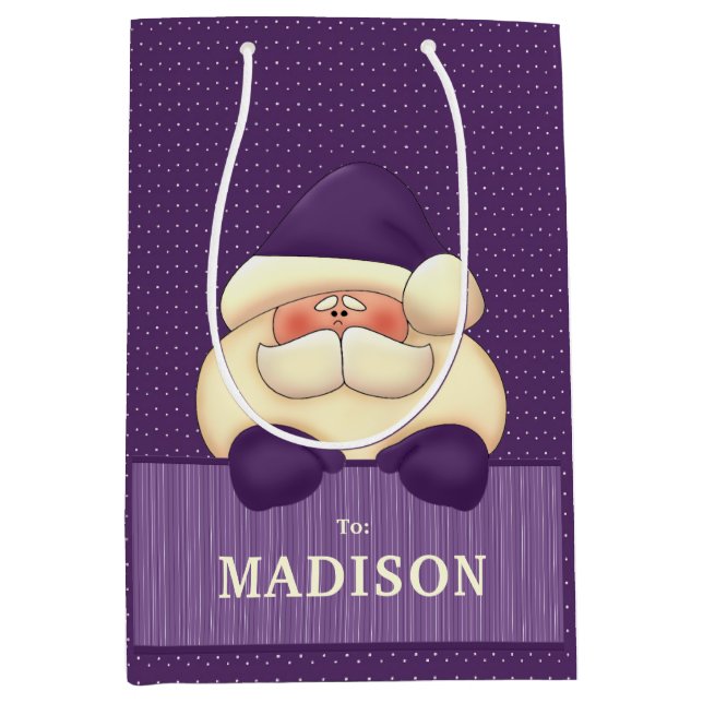 Sac Cadeau Moyen Père Noël violet Pois et rayures Noël (Devant)