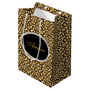 Sac Cadeau Moyen Perles d'empreinte de léopard et monogramme nomm