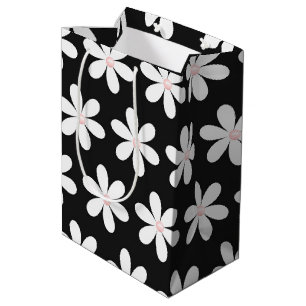 Sac Cadeau Moyen Perles roses dans les marguerites sur noir