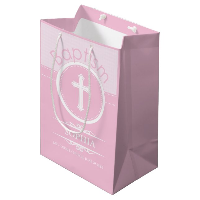 Sac Cadeau Moyen Personnalisable, fille rose enfant de Dieu Baptême (Devant Angle)