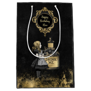 Sac Cadeau Moyen Personnalisé Alice buvez-moi noir et or