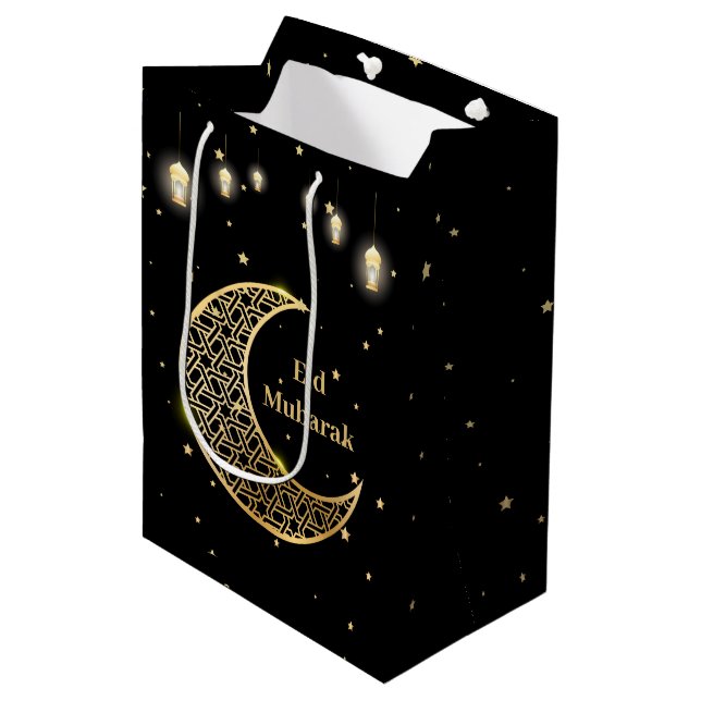 Sac Cadeau Moyen Personnaliser Aïd Moubarak / Ramadan Kareem Gold (Devant Angle)