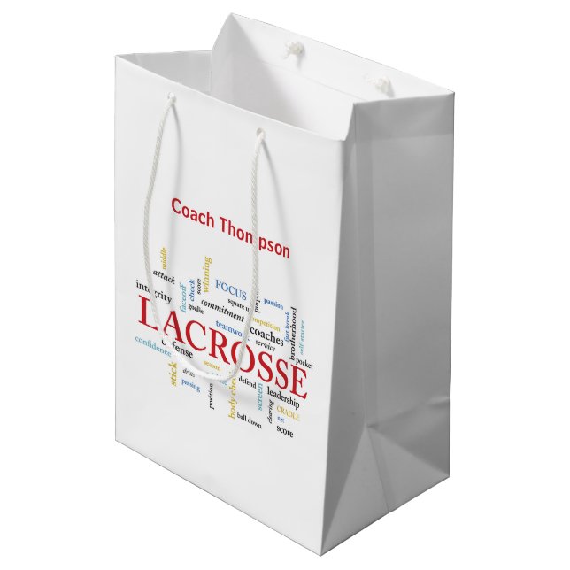 Sac Cadeau Moyen Personnaliser Nom Lacrosse Coach Merci Mots (Devant Angle)