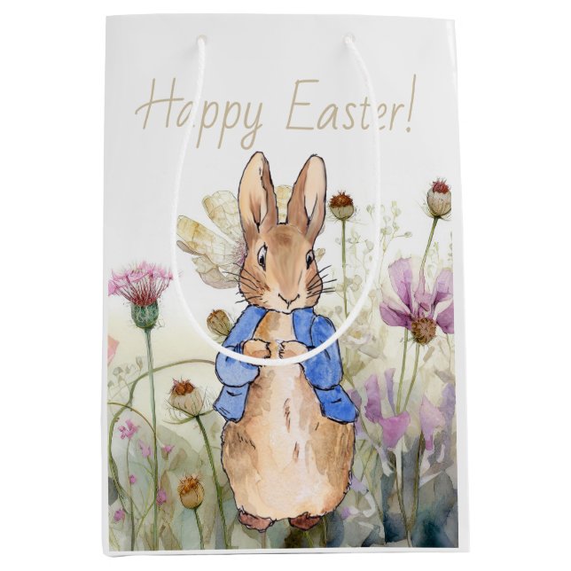 Sac Cadeau Moyen Peter le lapin fleurs sauvages Joyeux Pâques (Devant)