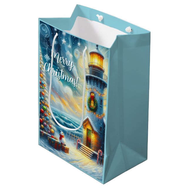 Sac Cadeau Moyen Phare de Noël Arbre Nautique Bleu Côtier (Devant Angle)
