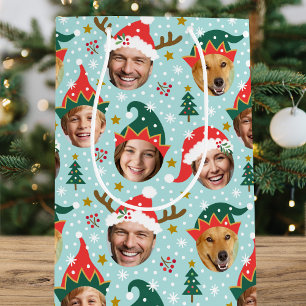 Sac Cadeau Moyen Photo de Noël Collage Festive Funny Face Bleu