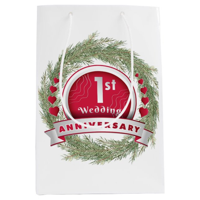 Sac Cadeau Moyen Pine Aigle Wreath Rouge 1er anniversaire Mariage (Devant)