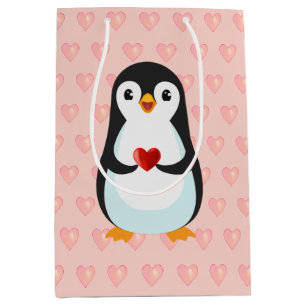 Sac Cadeau Moyen Pingouin mignon avec coeur sur rose clair