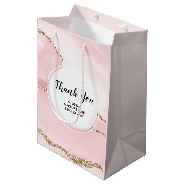 Sac Cadeau Moyen Pink Blush Agate & Gold Ribbon Merci Business (Devant Angle)