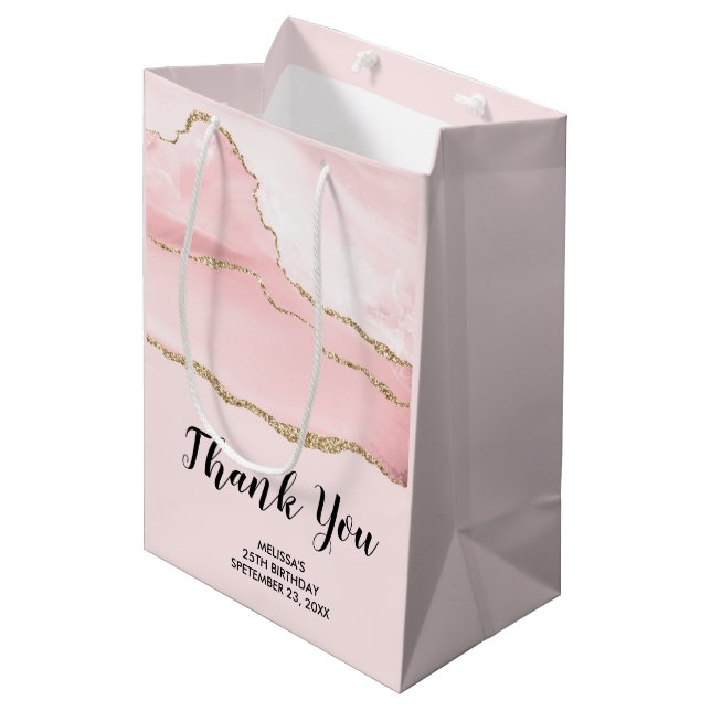 Sac Cadeau Moyen Pink Blush Agate & Gold Ribbon Merci Party (Devant Angle)