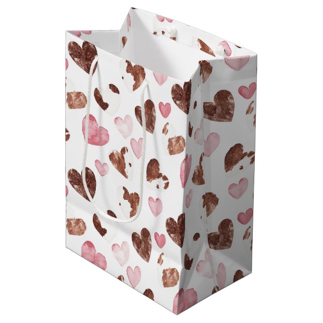 Sac Cadeau Moyen Pink Brown Cocoa Cow Print Hearts Birthday (Devant Angle)