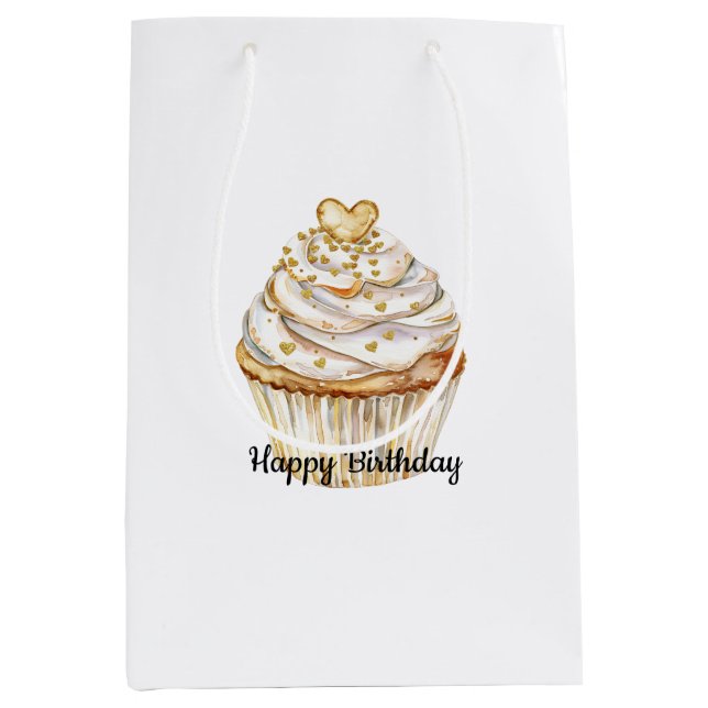 Sac Cadeau Moyen Pink Gold White Cream Heart Cupcake Anniversaire (Devant)