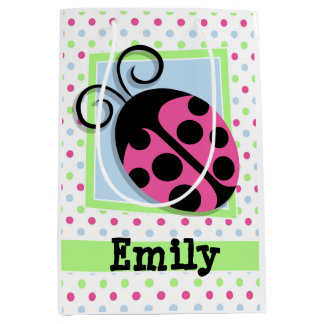 Sac Cadeau Moyen Pink Ladybug, Rose, Bleu, Vert, Pois