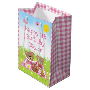 Sac Cadeau Moyen Pique-nique nounours rose En vichy Joyeux annivers
