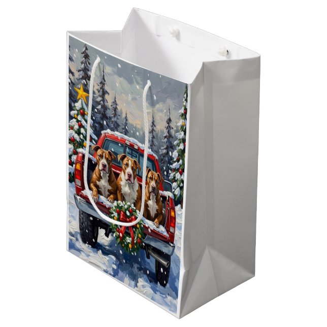 Sac Cadeau Moyen Pitbull Christmas Red Truck Holiday (Devant Angle)
