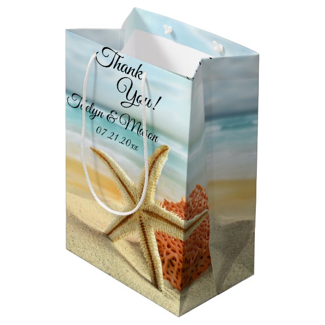 Sac Cadeau Moyen Plage, Sable, Starfish Mariage Merci (Dos Angle)