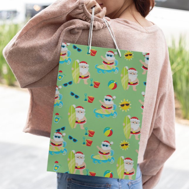 Sac Cadeau Moyen Plage tropicale Surf Père Noël Noël mignon (Créateur téléchargé)